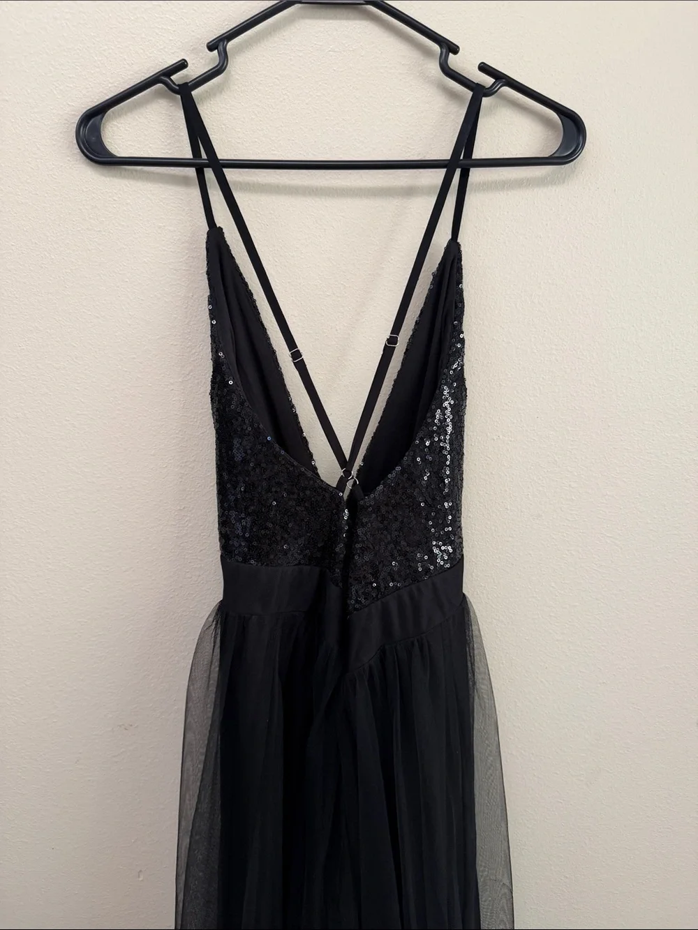 Luxxel Black Sequin V-Neck Mesh Maxi Slip Dress SzS